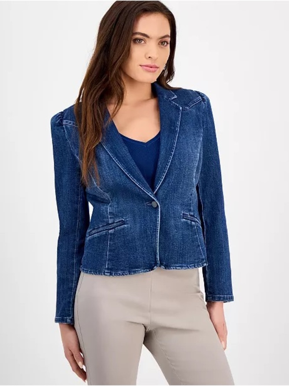 INC International Concepts Puff Shoulder Denim Blazer Jacket Blue Women XL